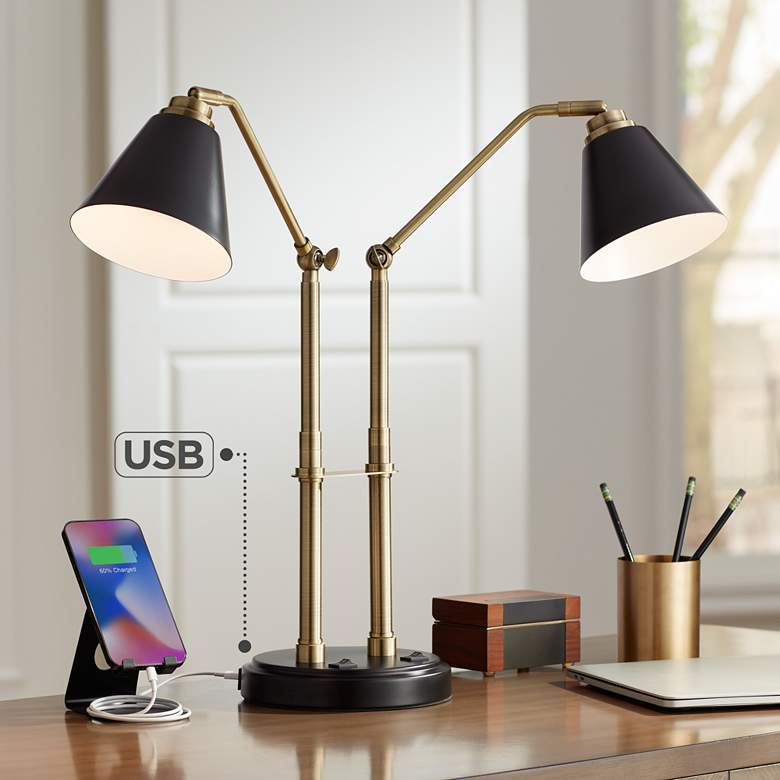 Image 1 Possini Euro Sentry Black and Antique Brass Desk Lamp with USB Port