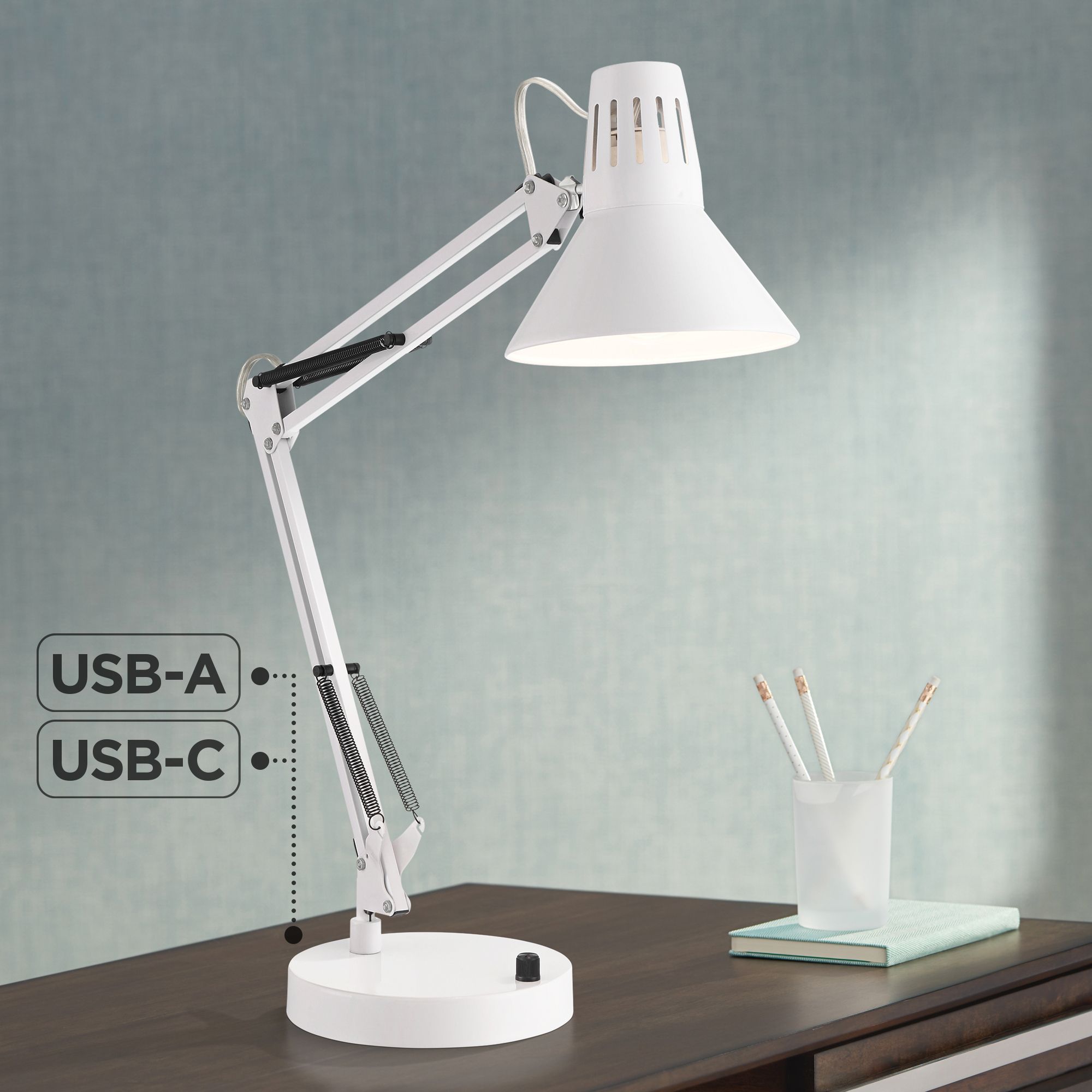 Possini Euro Shoup Adjustable Height White Finish Architect USB Desk Lamp