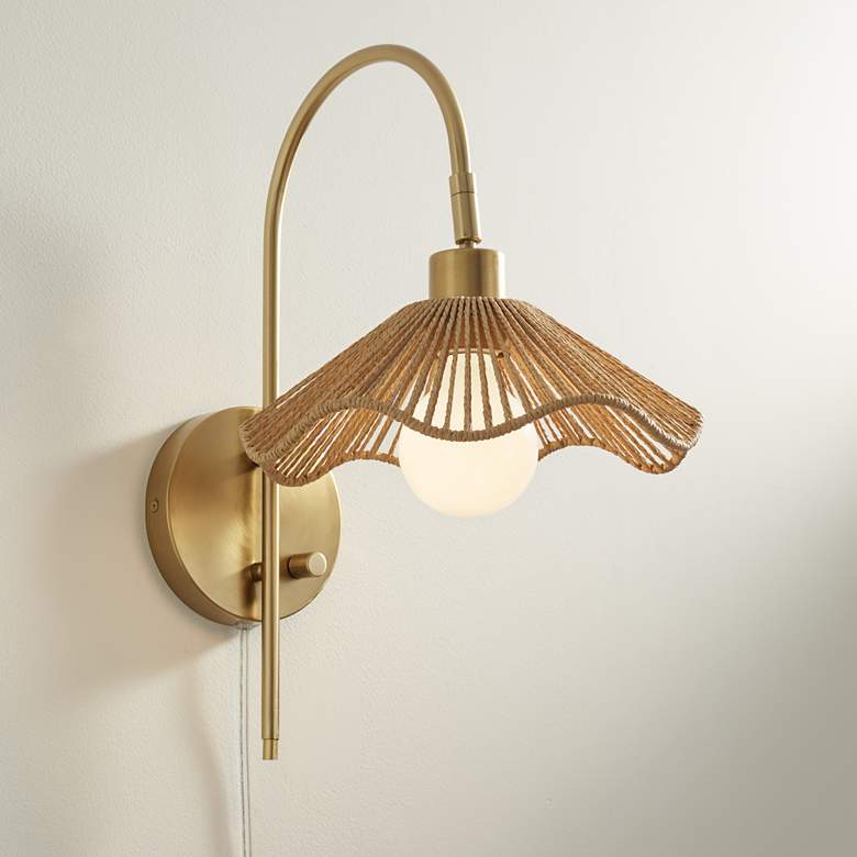 Image 2 Possini Euro Silema 17 1/4" High Brass and Sea Grass Plug-In Wall Lamp