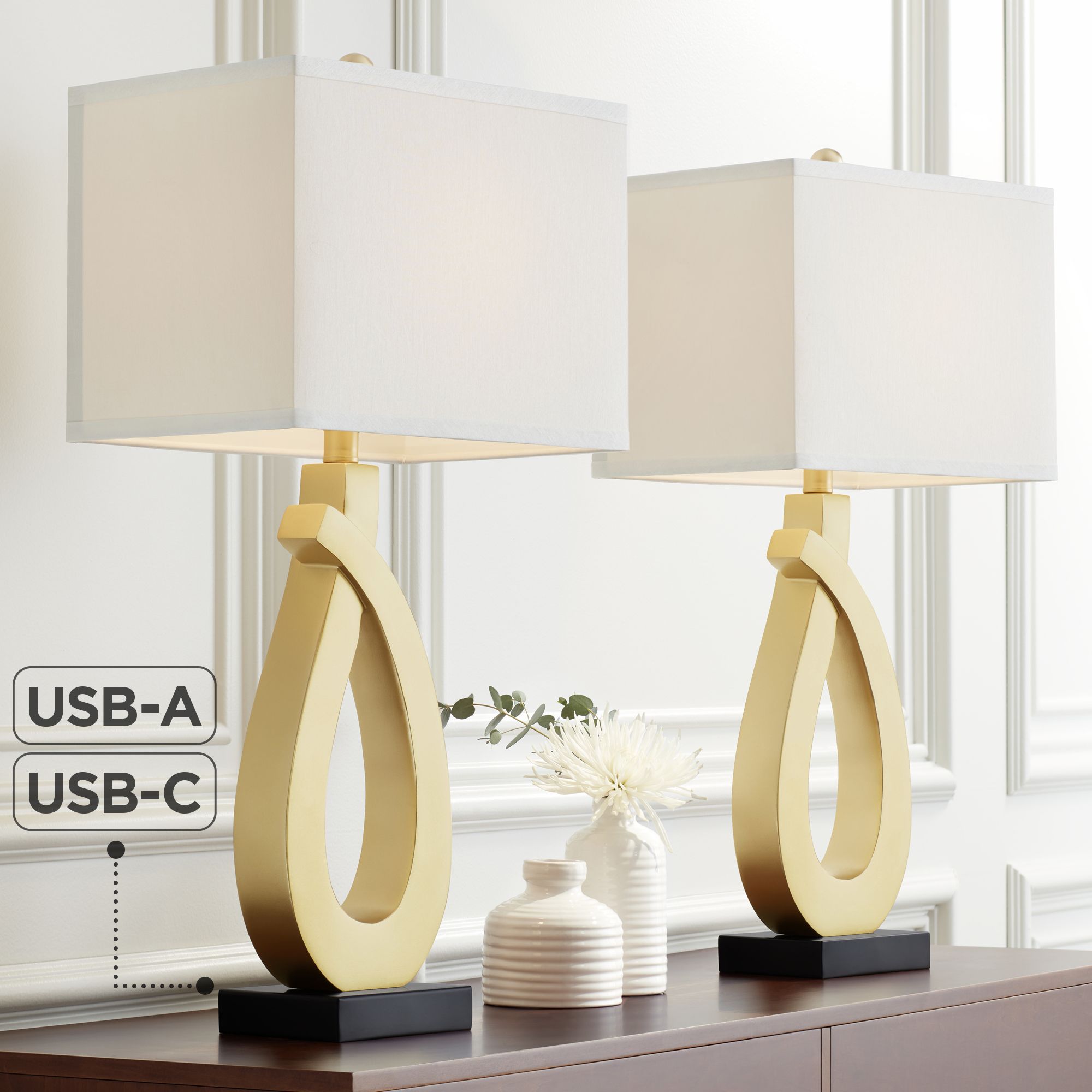 Possini Euro Simone 28" Gold Loop Table Lamps Set of 2 with USB Ports