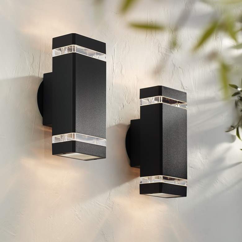 Image 1 Possini Euro Skyridge 10 1/2 inch High Black Outdoor Wall Lights Set of 2
