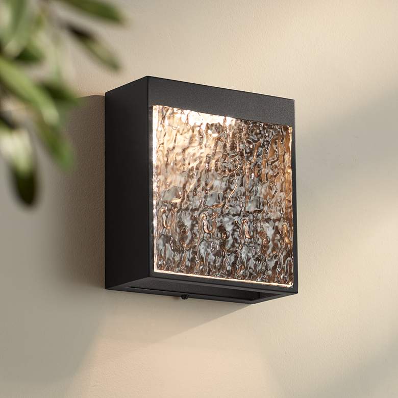 Image 1 Possini Euro Sofia 8 1/2"H Black Hammered Glass LED Outdoor Wall Light
