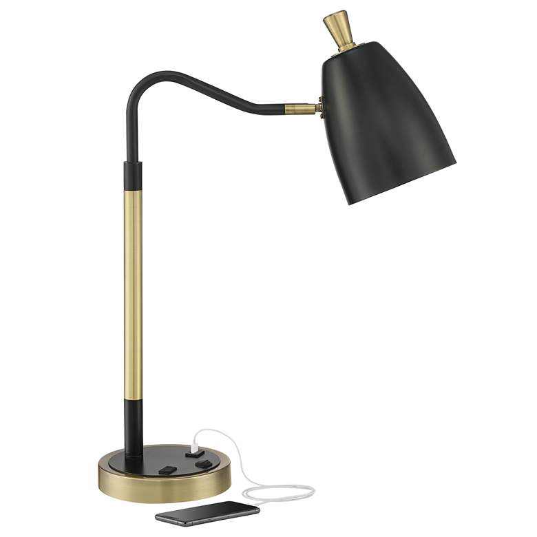Image 2 Possini Euro Sparta Black and Gold Desk Lamp with USB Port and Outlet