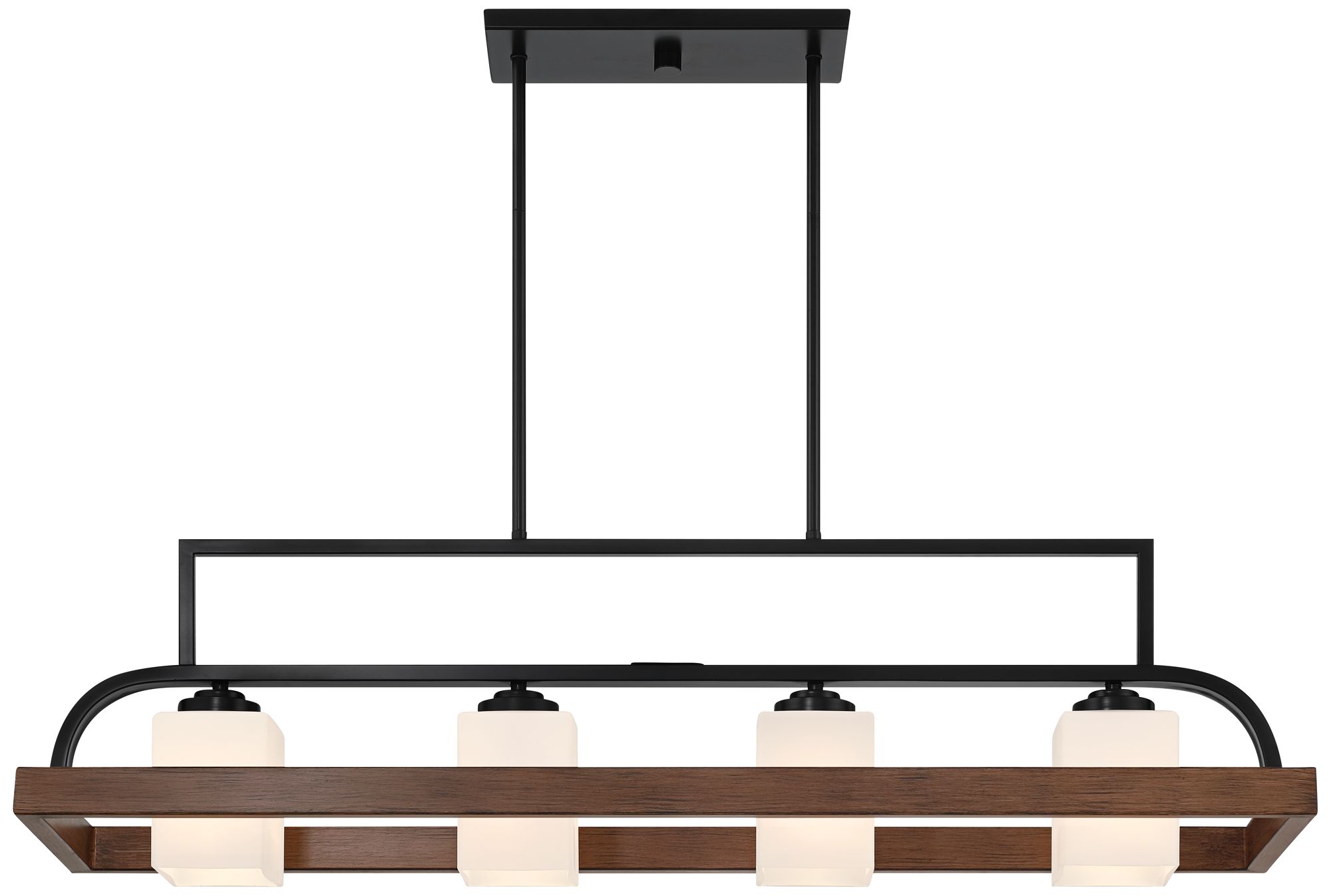 Watch A Video About the Spearhead Black Wood Print 4 Light Island Pendant