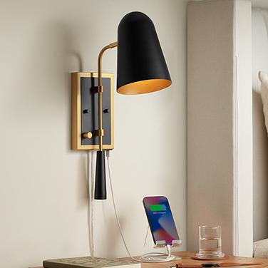 Possini Euro Squire 18 1/2" High Black and Brass USB Plug-In Wall Lamp
