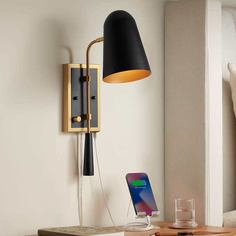Image 1 Possini Euro Squire 18 1/2" High Black and Brass USB Plug-In Wall Lamp