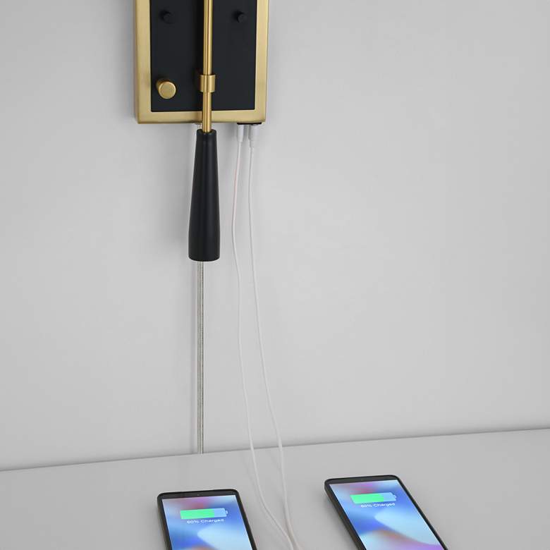 Image 3 Possini Euro Squire 18 1/2" High Black and Brass USB Plug-In Wall Lamp more views