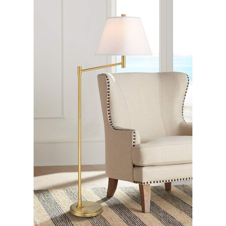 Image 1 Possini Euro Squire Warm Gold Offset Arm Chairside Arc Floor Lamp