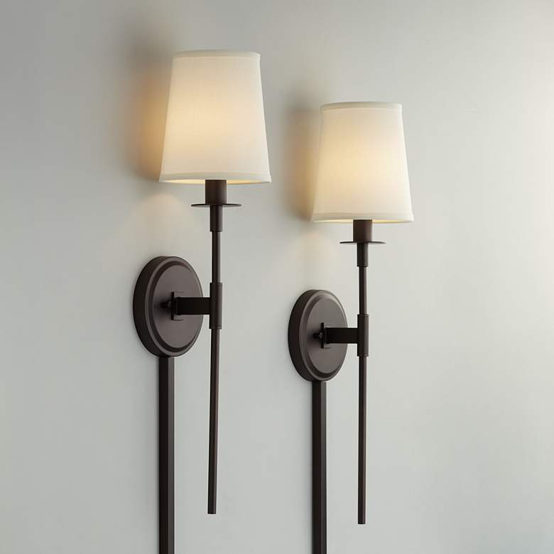 Image 1 Possini Euro Stiletto Bronze Plug-in Wall Lamps Set of 2 with Cord Covers