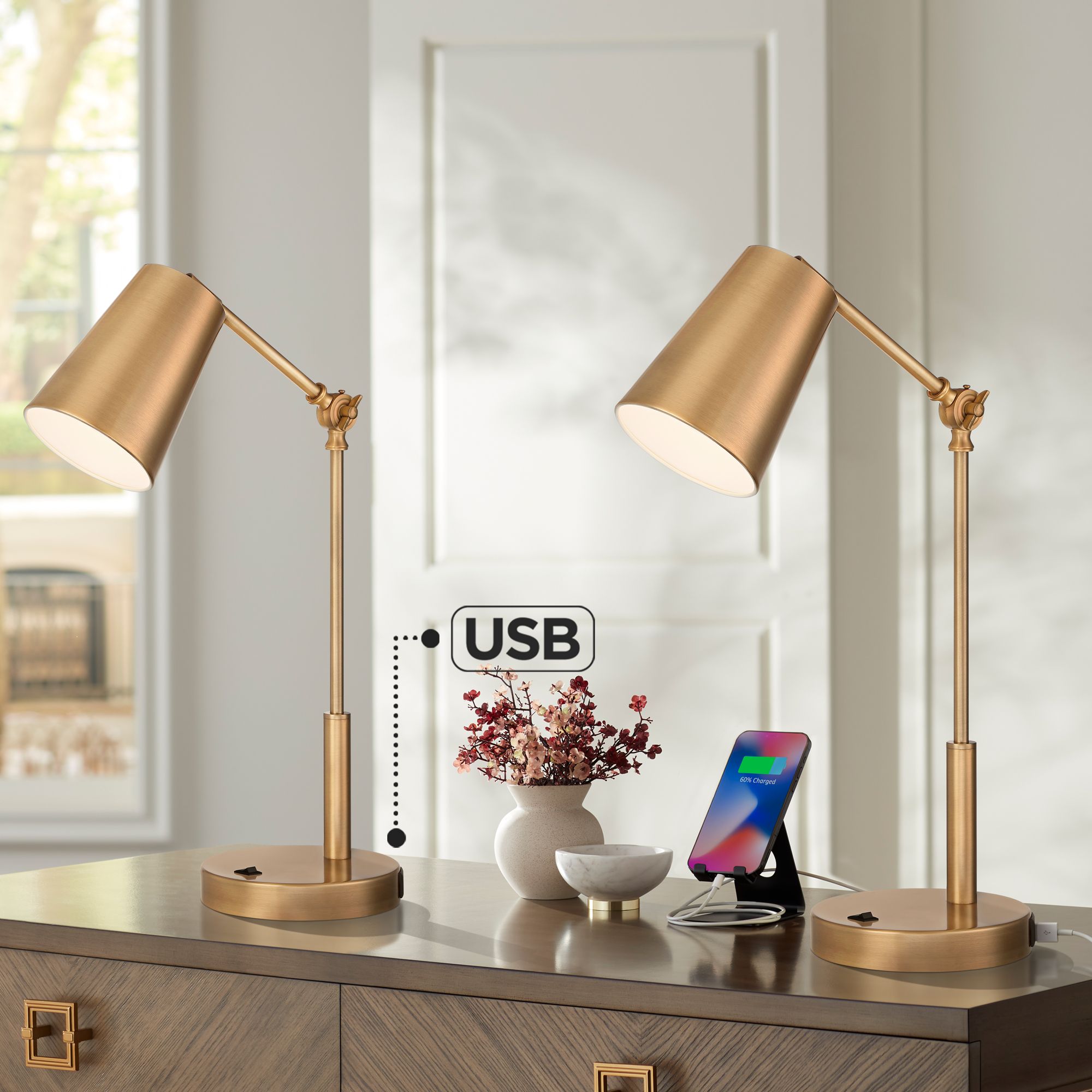Possini Euro Sully Brass Adjustable Double USB Ports Desk Lamps Set of 2