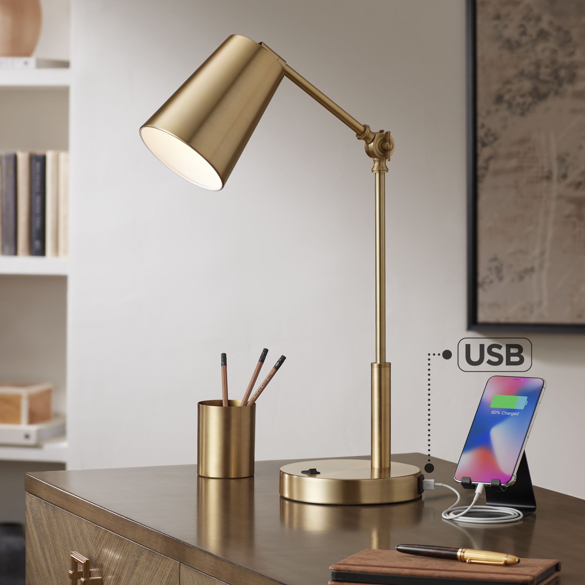 Possini Euro Sully Warm Brass Desk Lamp with Double USB Ports