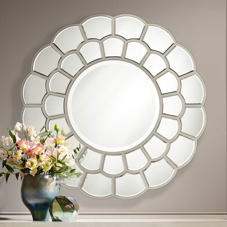 Image 1 Possini Euro Sunshine Light Champagne 32" Round Framed Wall Mirror