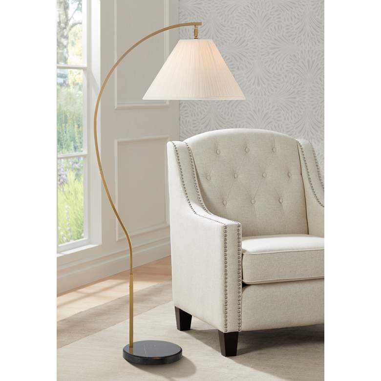 Image 1 Possini Euro Sway Warm Gold Chairside Arc Floor Lamp with Black Marble Base
