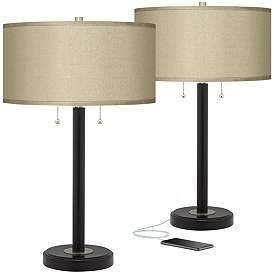 Image1 of Possini Euro Taupe Faux Silk and Bronze USB Table Lamps Set of 2
