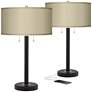 Possini Euro Taupe Faux Silk and Bronze USB Table Lamps Set of 2