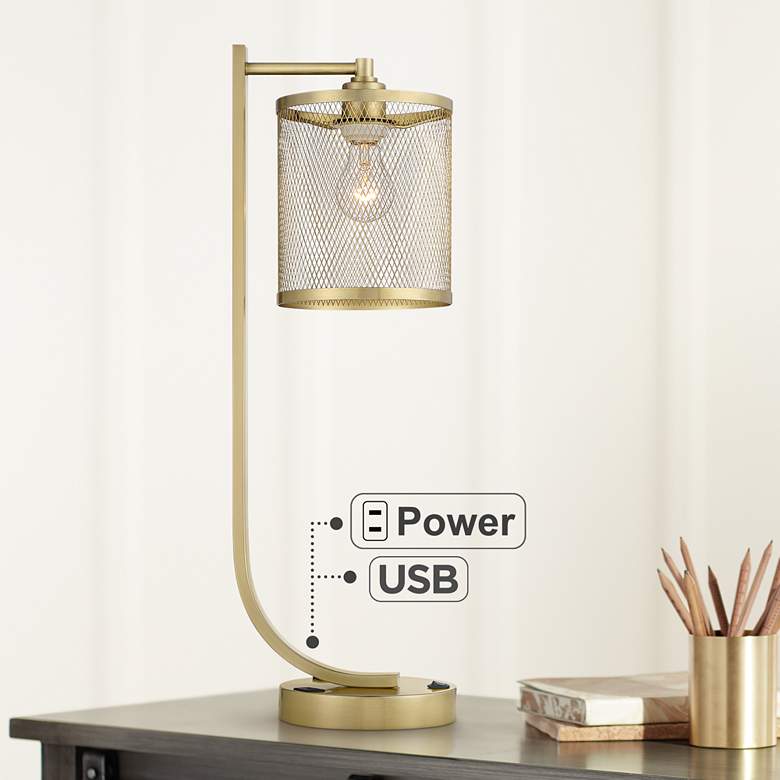 Possini Euro Tavish Warm Gold Desk Lamp with Dual USB ports and Outlet