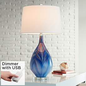 Image1 of Possini Euro Taylor 29" Blue Art Glass Table Lamp with USB Dimmer