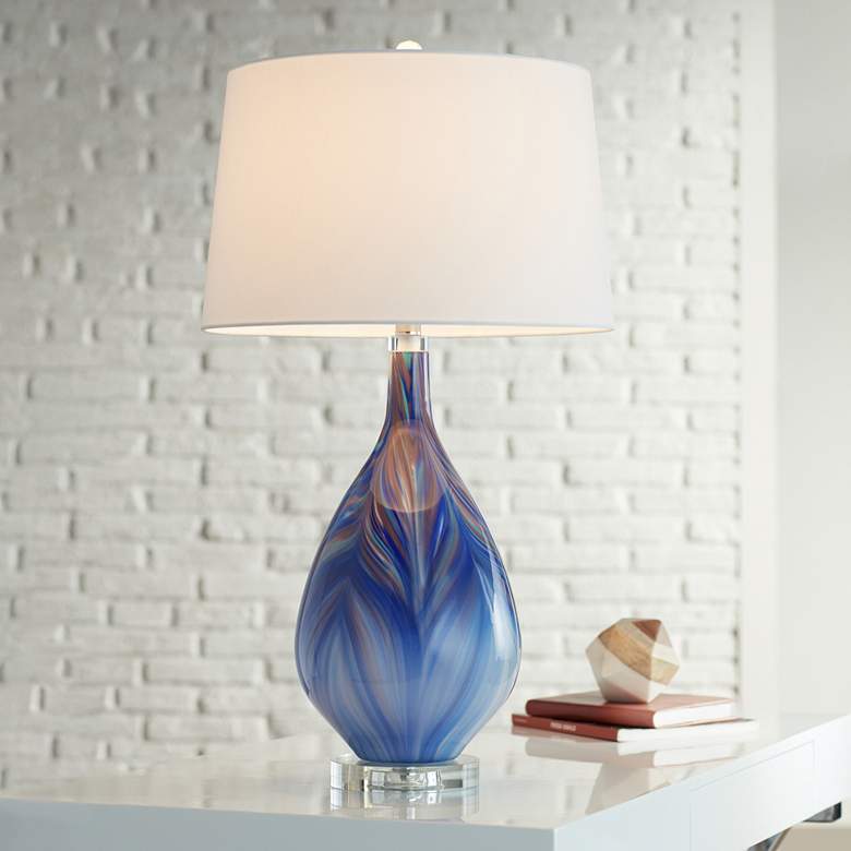 Image 1 Possini Euro Taylor 29" Blue Art Glass Table Lamp with USB Dimmer
