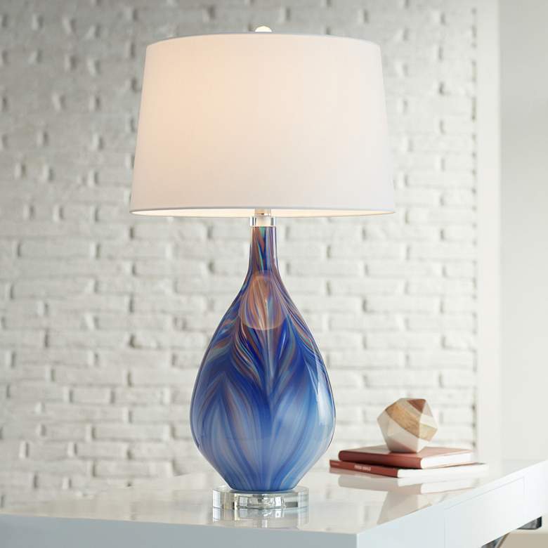 Image 1 Possini Euro Taylor 29 inch Blue Art Glass Table Lamp with USB Dimmer