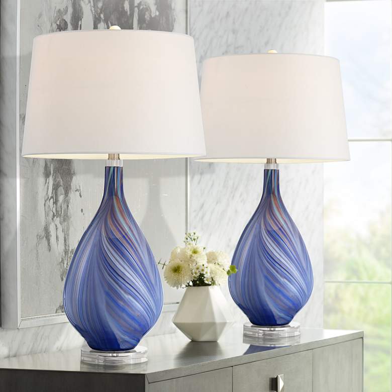 Image 1 Possini Euro Taylor 29 inch Modern Blue Art Glass Table Lamps Set of 2