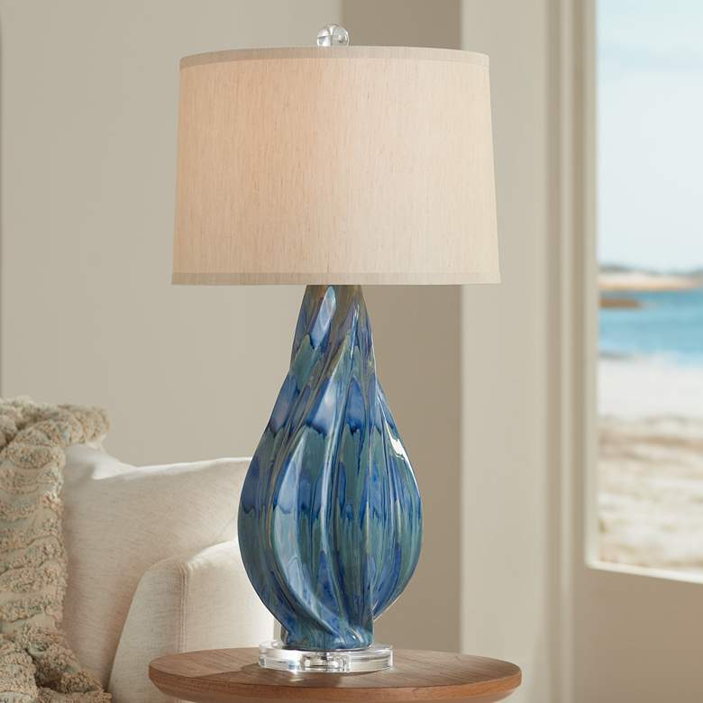 Image 2 Possini Euro Teresa 31 inch Coastal Teal Blue Drip Ceramic Table Lamp