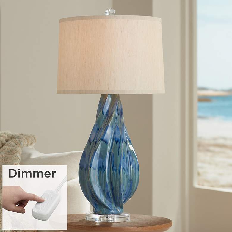 Image 1 Possini Euro Teresa 31 inch  Teal Drip Modern Ceramic Lamp with Dimmer