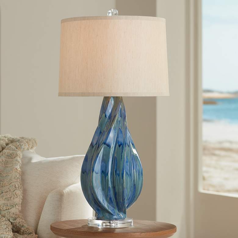 Image 1 Possini Euro Teresa 31" Teal Drip Modern Ceramic Lamp with Dimmer