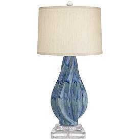 Image1 of Possini Euro Teresa Blue Drip Ceramic Lamp With 8" Wide Square Riser