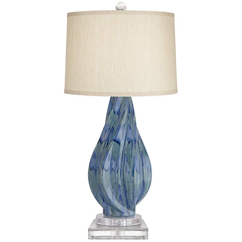 Image 1 Possini Euro Teresa Blue Drip Ceramic Lamp With 8 inch Wide Square Riser