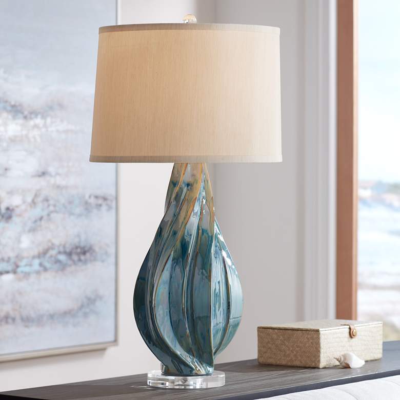 Image 2 Possini Euro Teresa Coastal Teal Blue Drip Ceramic Table Lamp