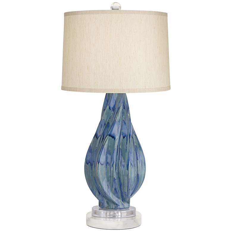 Image 1 Possini Euro Teresa Teal Ceramic Table Lamp with Round White Marble Riser