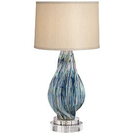 Image1 of Possini Euro Teresa Teal Drip Ceramic Lamp With 8" Wide Round Riser