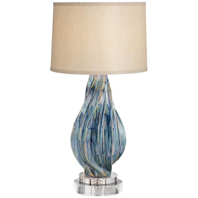 Image 1 Possini Euro Teresa Teal Drip Ceramic Lamp With 8 inch Wide Round Riser