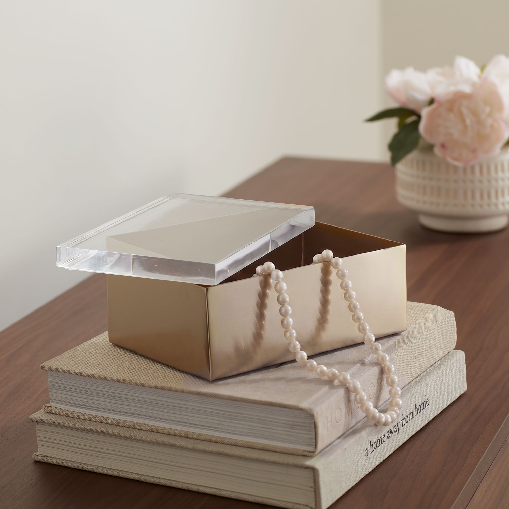 Possini Euro Tesoro 8" x 5" Gold Metal Box with Acrylic Lid in scene