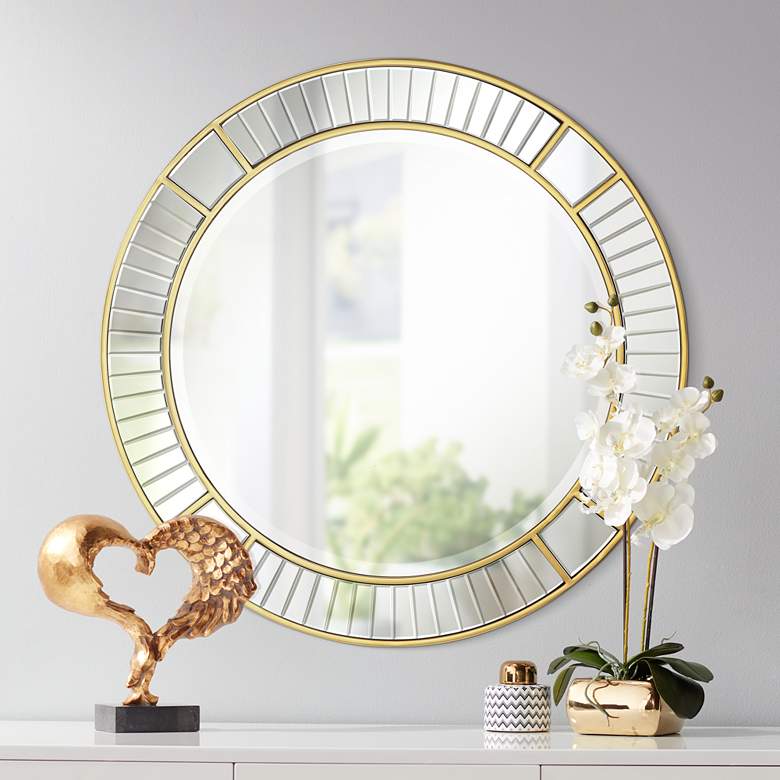 Image 1 Possini Euro Tevin 33 inch Round Gold Deco Cut Wall Mirror