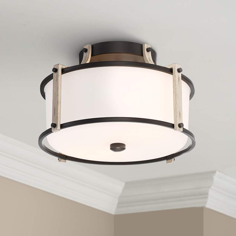 Image 1 Possini Euro Timmins 13" Wide Black and Wood Ceiling Light