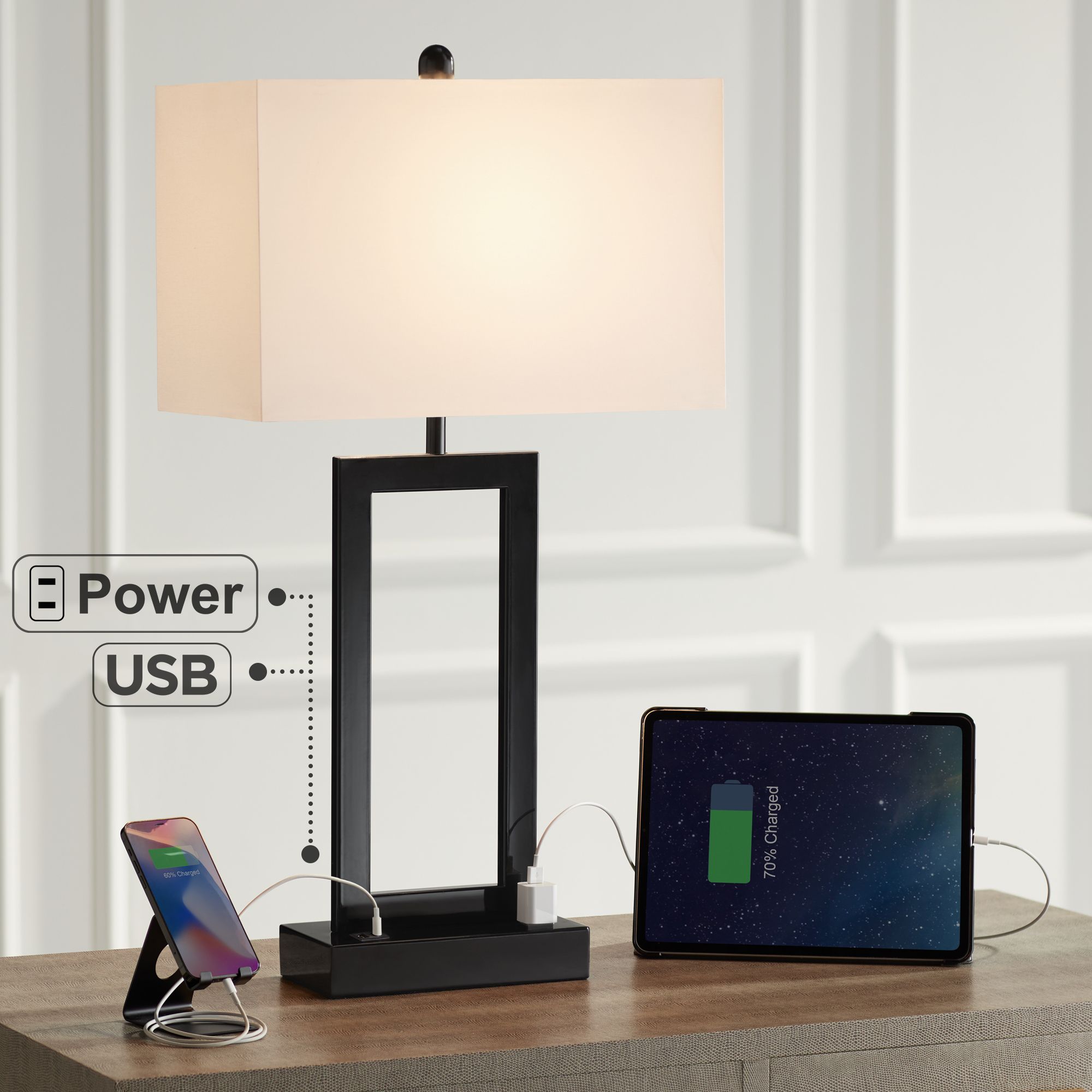 Possini Euro Todd Black Metal Table Lamp with USB Port and Outlet