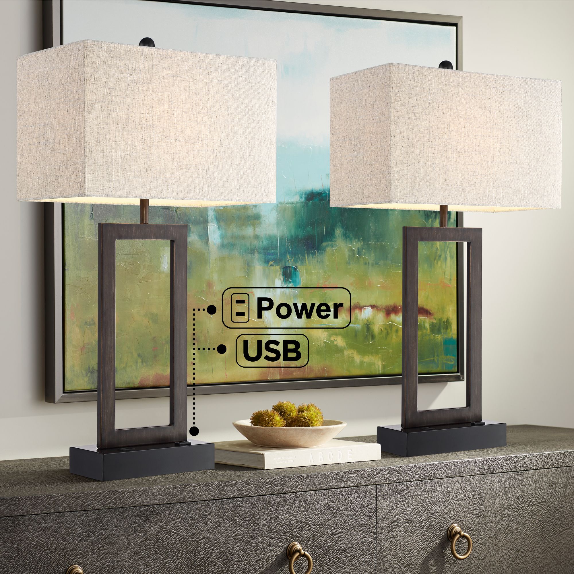 Possini Euro Todd Bronze Table Lamps Set of 2 with USB Port and Outlet