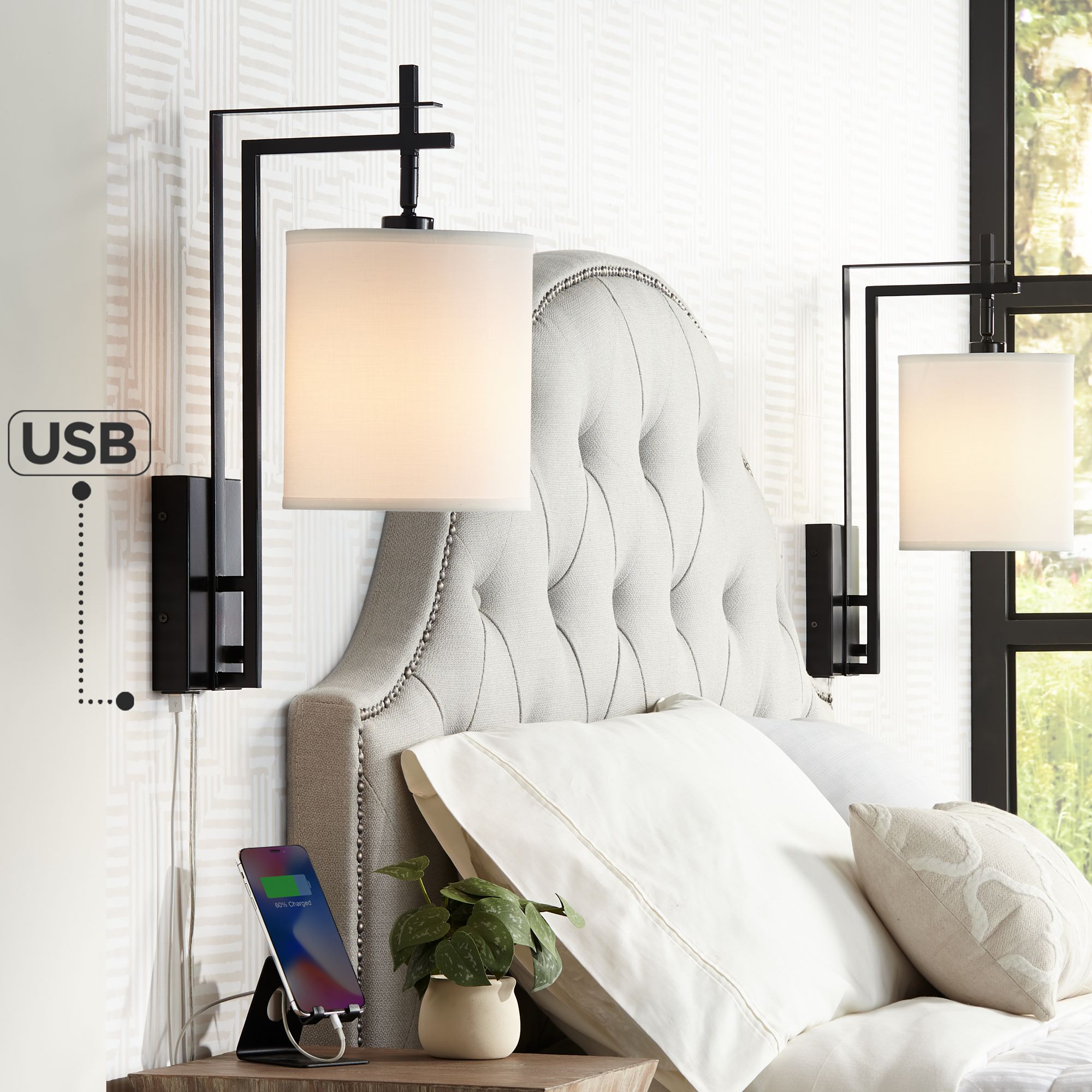 Image Possini Euro Torrance Dual USB Port Plug-In Wall Lamps Set of 2