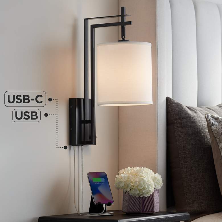 Image 1 Possini Euro Torrance Plug-In Wall Lamp with Dual USB Ports