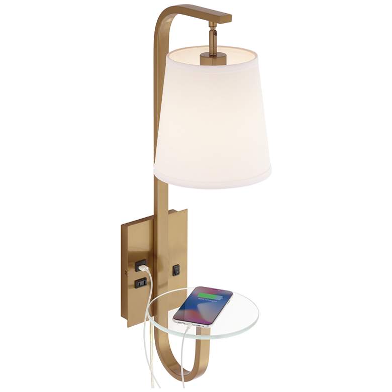 Possini Euro Tosca Plug-In Wall Lamp with Glass Shelf USB Port and Outlet more views