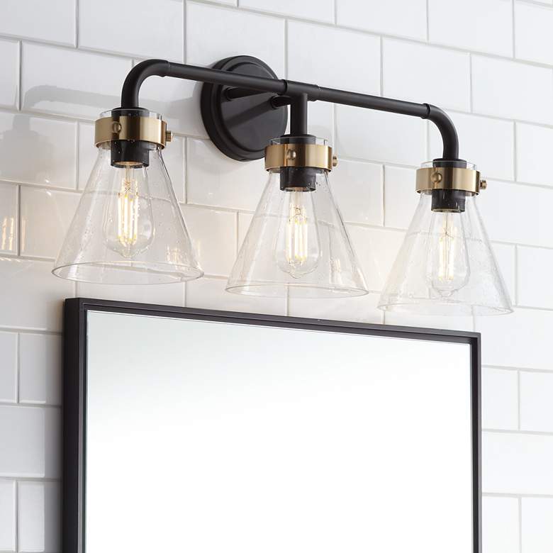 Image 1 Possini Euro Trilogy 25 3/4" Wide Black and Brass 3-Light Bath Light