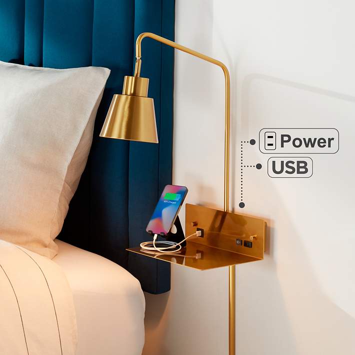 Euro Trina Plug-In Wall Lamp Shelf with Dual USB Port and Outlet - #020M0 | Lamps Plus