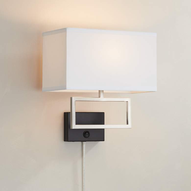 Image 1 Possini Euro Trixie 13 inch Brushed Nickel Rectangle Plug-In Wall Lamp