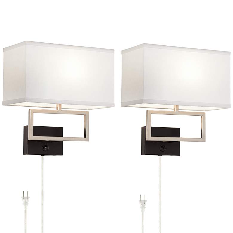 Image 3 Possini Euro Trixie Brushed Nickel Rectangle Plug-In Wall Lamps Set of 2