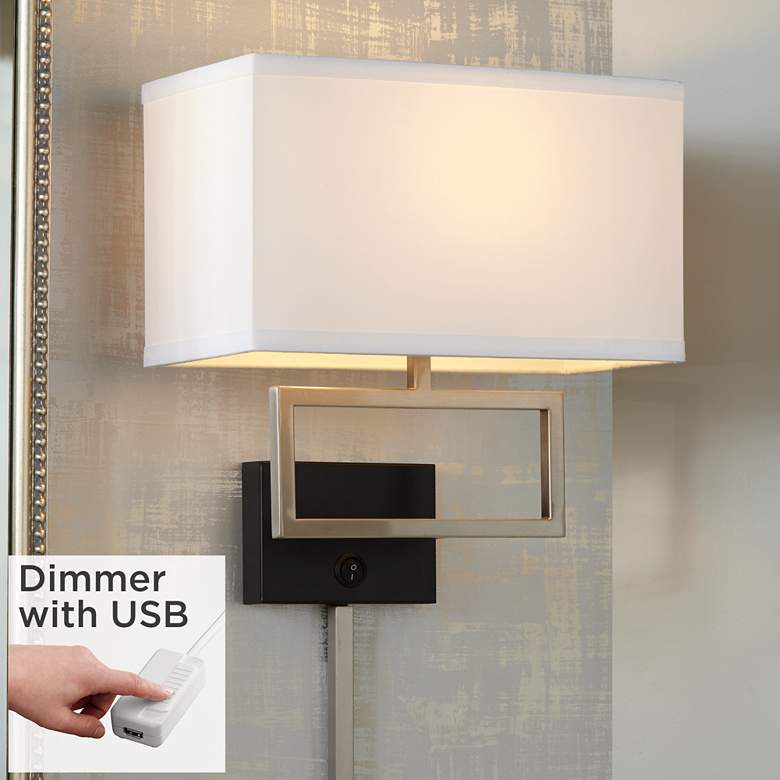 Image 2 Possini Euro Trixie Nickel Rectangle Plug-In Wall Lamp with USB Dimmer