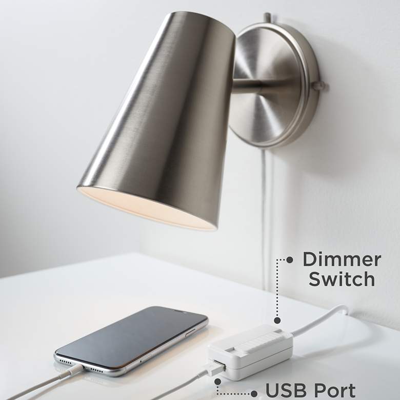 Image 6 Possini Euro Trixie Nickel Rectangle Plug-In Wall Lamp with USB Dimmer more views