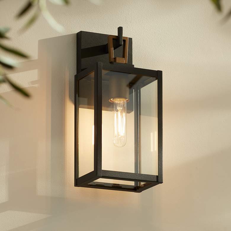 Image 1 Possini Euro Trystin 13" High Black and Brass Outdoor Wall Light