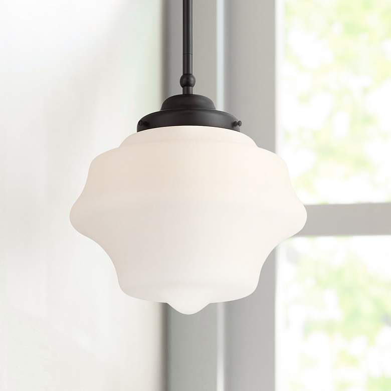 Image 1 Possini Euro Tyce 11 inch Wide Black and Opal Schoolhouse Pendant Light