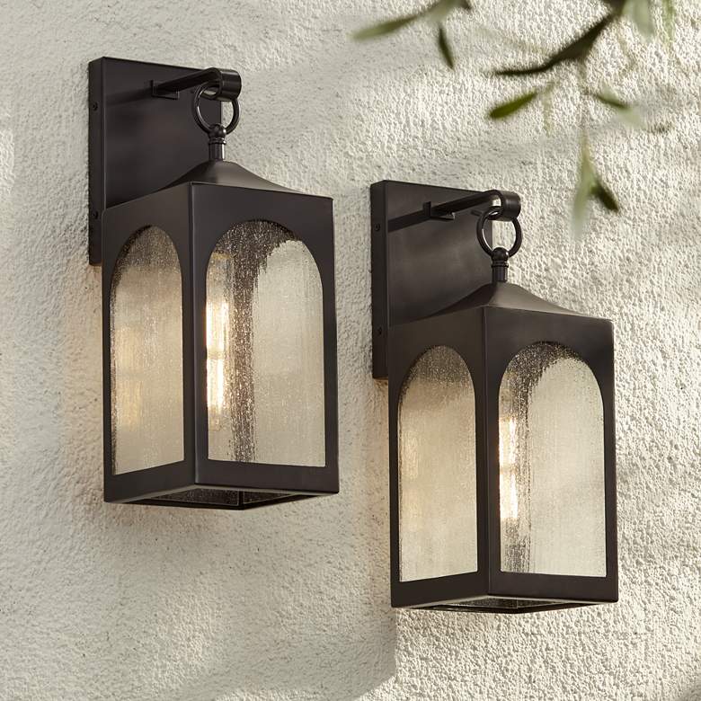Image 1 Possini Euro Tyne 16 1/2"H Bronze Lantern Outdoor Wall Light Set of 2